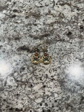 Vintage Gold Filigree Screw-Back Earrings w/ Faux Pearl & Turquoise Accents